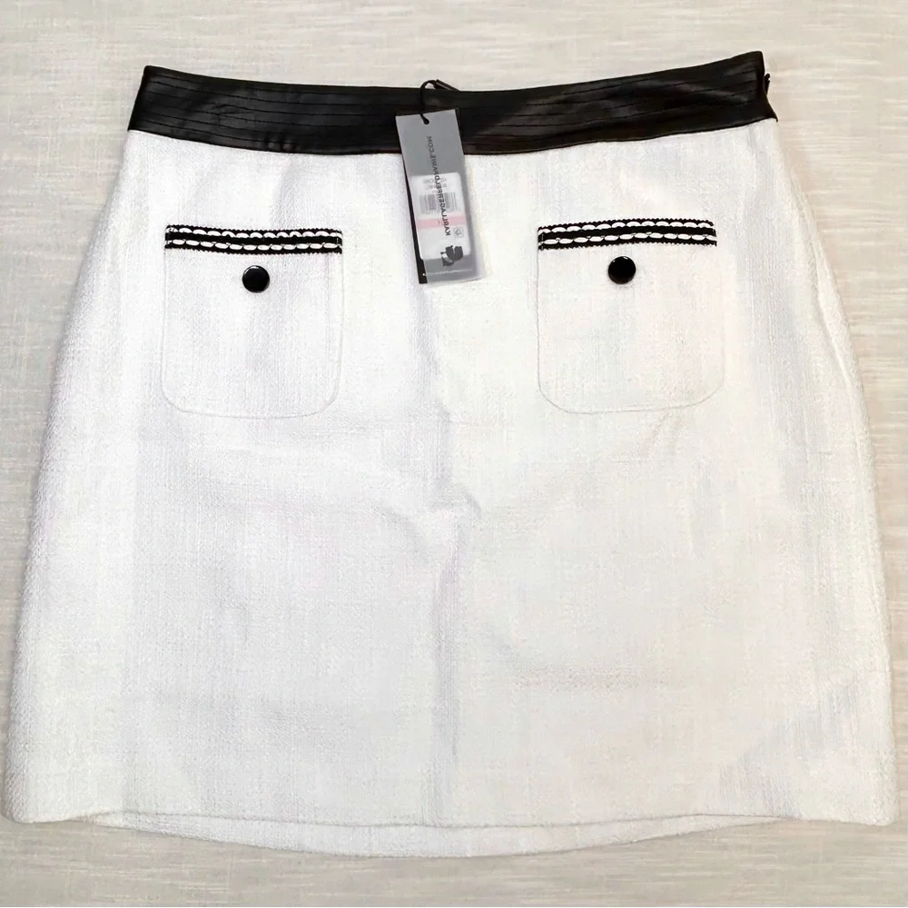 Karl Lagerfeld PARIS tweed skirt 10 white w contrasting trim Pockets above knee - Picture 2 of 16